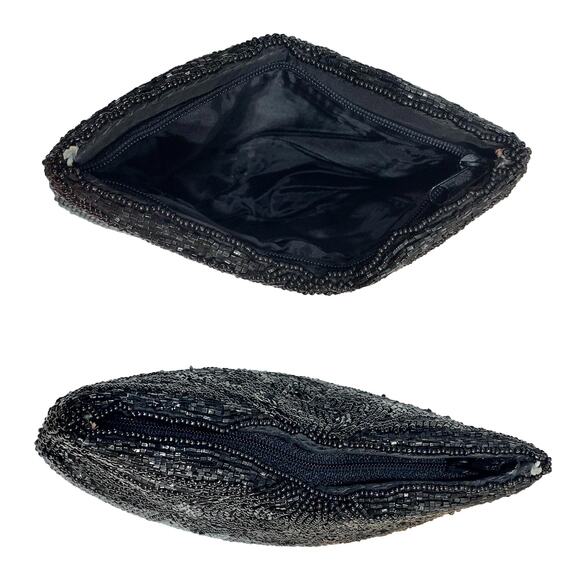 80s does 40s Black Beaded Silk Evening Bag | Small Clutch with Glass Beads - Picture 11 of 11